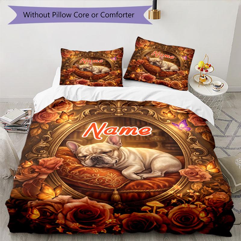 3PC Custom Name "Floral Frame Dog" Bedding Set Printed  Bedding Set Duvet Cover Closure Includes 1 Duvet Cover & 27 Pillowcases for Bedroom
