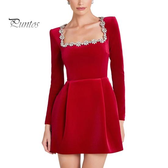 

Женское платье со стразами, квадратным вырезом, длинными рукавами, однотонное мини-платье А-силуэта, длиной выше колена, осенне-весеннее платье для свиданий и вечеринок S красный
