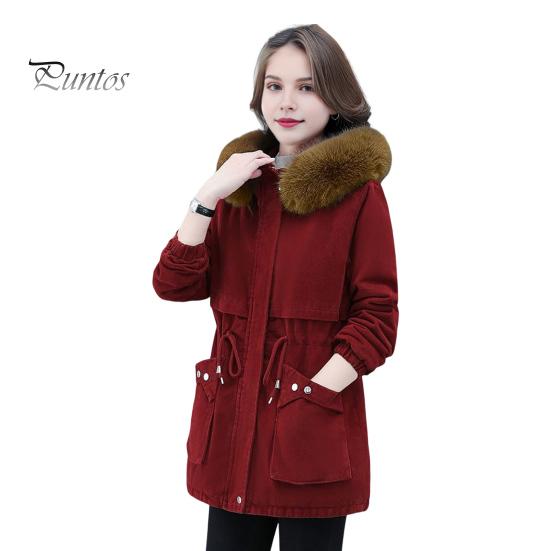 

Зимняя женская хлопковая куртка с меховым капюшоном и двойными карманами, затягивающимся шнурком на талии, средней длины, застегивающаяся на молнию, однотонная ветрозащитная верхняя одежда, парка XXXXL красный