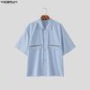 Lapel Incerun Men Oversized Neck Short Sleeve Striped Splicing Casual Summer Shirts