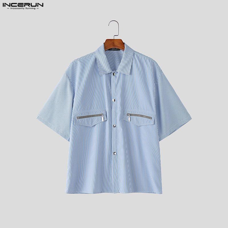 Lapel Incerun Men Oversized Neck Short Sleeve Striped Splicing Casual Summer Shirts