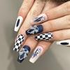 Checkerboard Patchwork Bow Pearl Blue Press-On Nails for Autumn/Winter