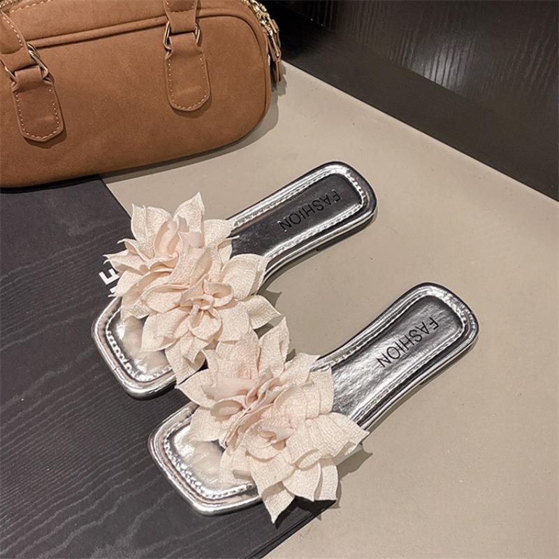 Casual Flat-bottomed Square-head Slippers Female Flower Lazy Person One Pedal Open-toe One-word Drag Beach Casual Women's Sandals