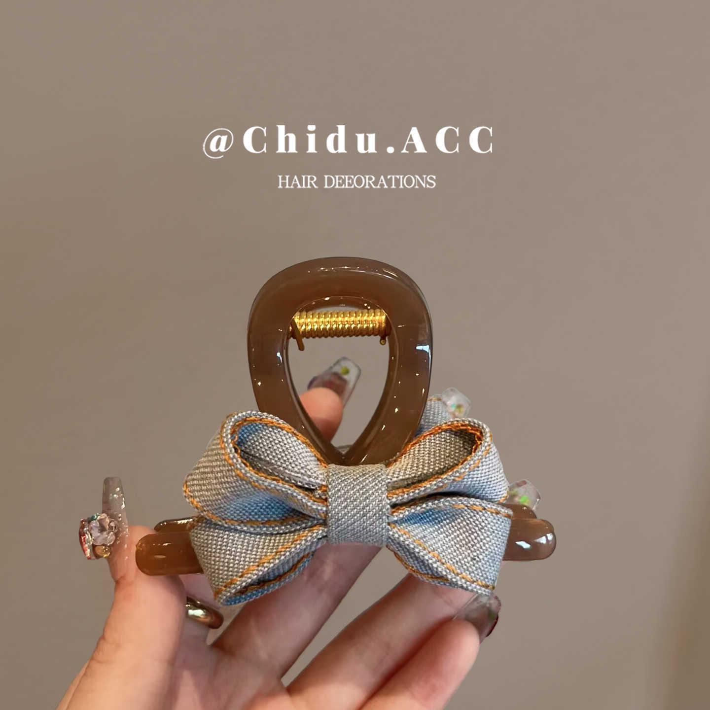 Korean Bow Transparent Denim Hair Claw Clip for Women