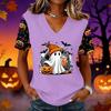 Women's Halloween Print V-Neck Short Sleeve Pullover Top for Casual Wear