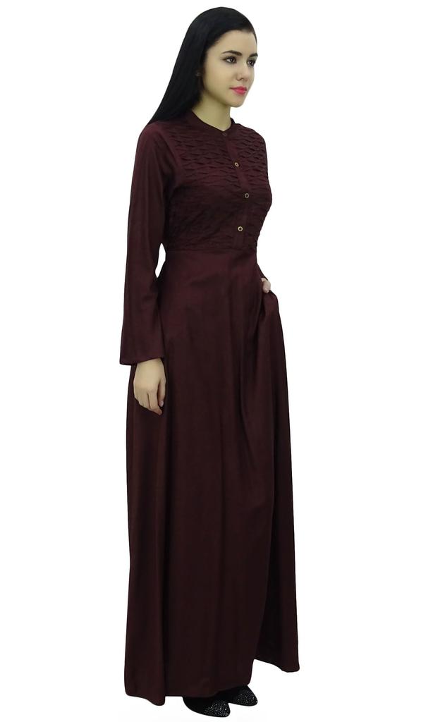Bimba Women's Long Sleeve Maxi Mandarin Collar Plain Jilbab Dress With