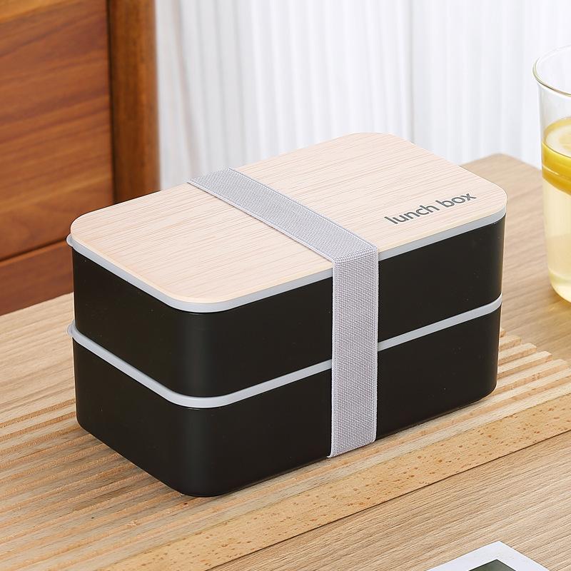 

1 шт. Ланч-бокс в скандинавском стиле, деревянный, двухслойный, пластиковый, ланч-бокс для студентов и офисных работников, портативный ланч-бокс бенто, набор столовых приборов чёрный