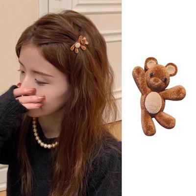 Niedliche Beflockte Cartoon Bär Metall Haarnadel Für Frauen Mädchen Süßer Haarschmuck Seiten Haarspange Haarspange Mode Haaraccessoires.