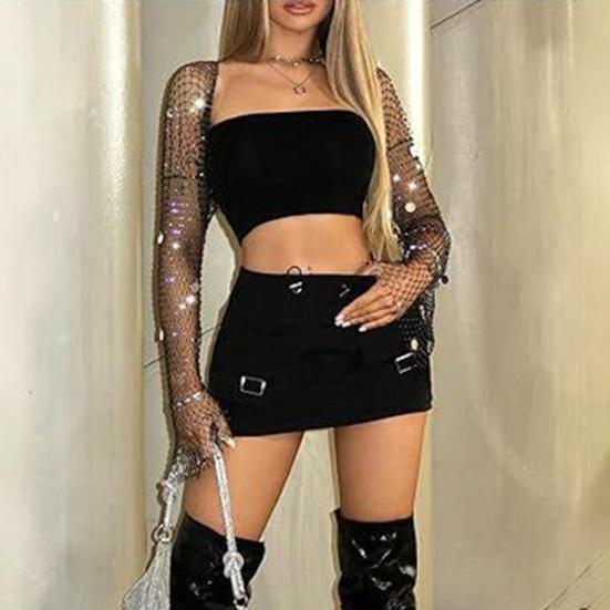 Damski Bolerko z Piórami i Dżetami Długi Rękaw Siateczka Fishnet Błyszczący Odkryty Przód Cover Up Błyszczący Crop Top na Imprezę