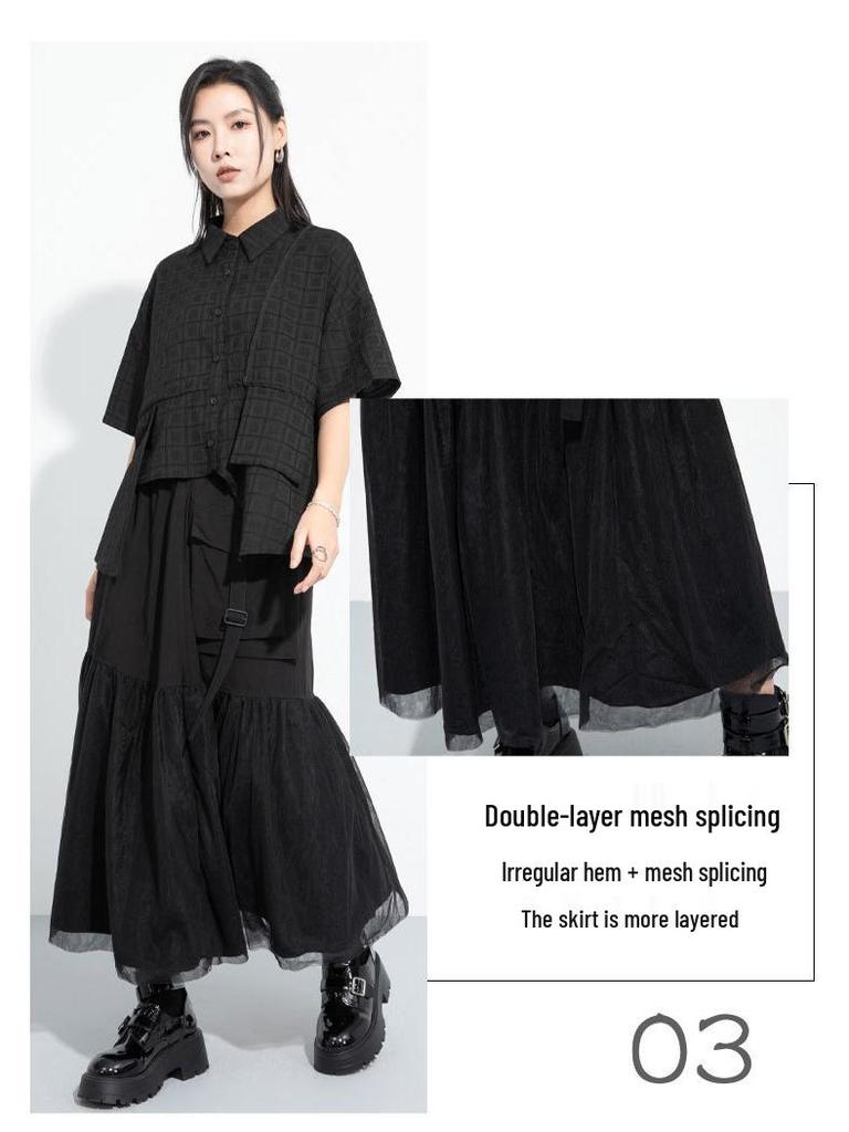 Dark Style A-Line Mesh Patchwork Skirt: Casual, Mid-Length, Elastic Waist, Irregular Flare