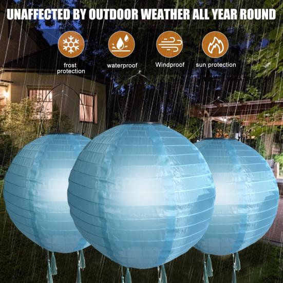 Hanging Solar Lantern Outdoor Round Chinese Style Lantern with 4 Tassels Solar LED Light for Garden Patio Wedding Party Decoration