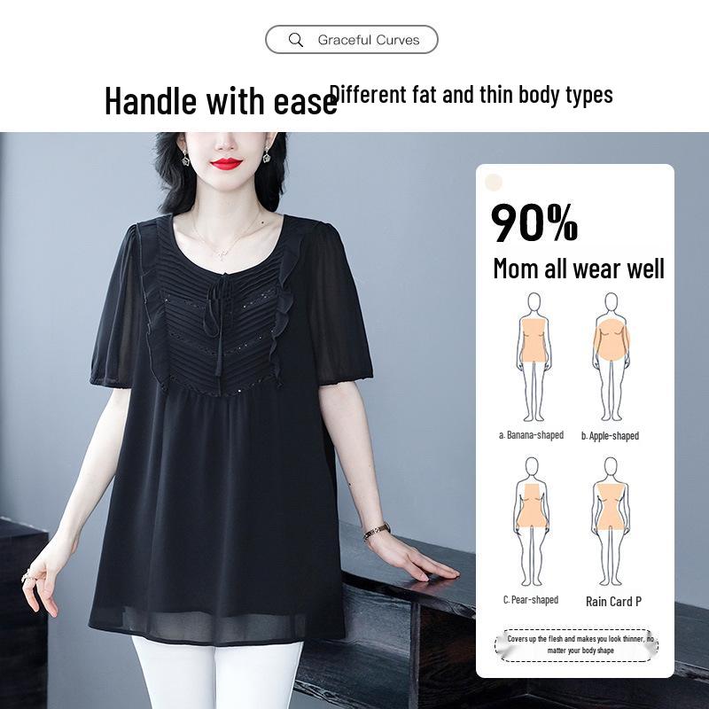 Summer Short Sleeve Pleated Chiffon Shirt - Plus Size, Casual, Loose Fit Women's Apparel