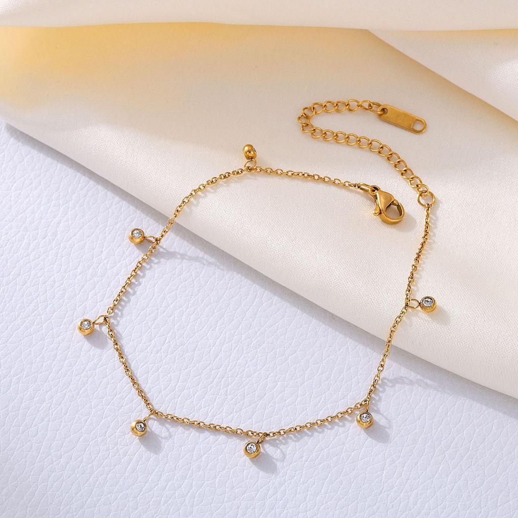 Qiong Yao Stainless Steel Zircon Anklet - Round Bead Light Luxury Foot Chain Accessory