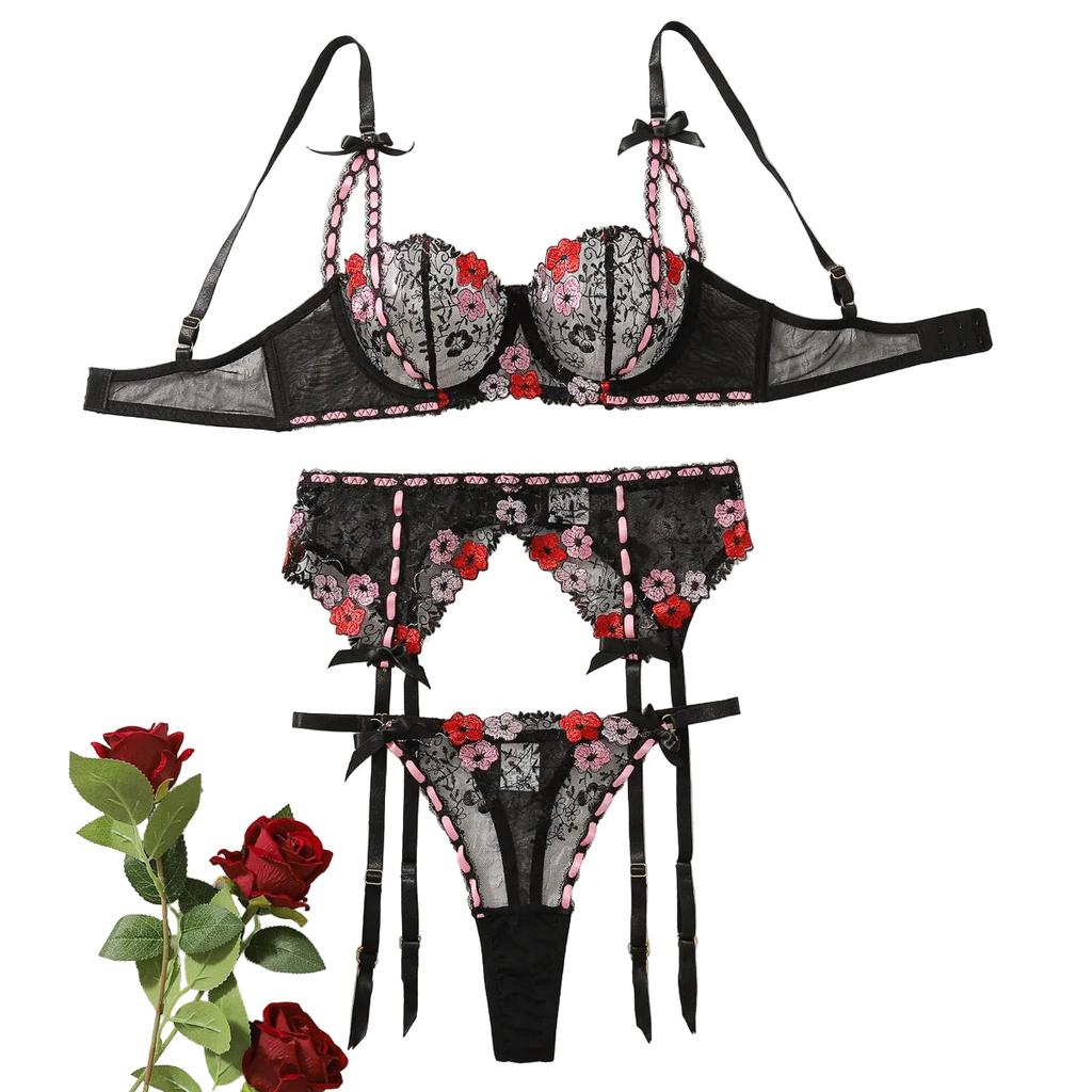 Lingerie Set With Embroidered Flowers Underwear