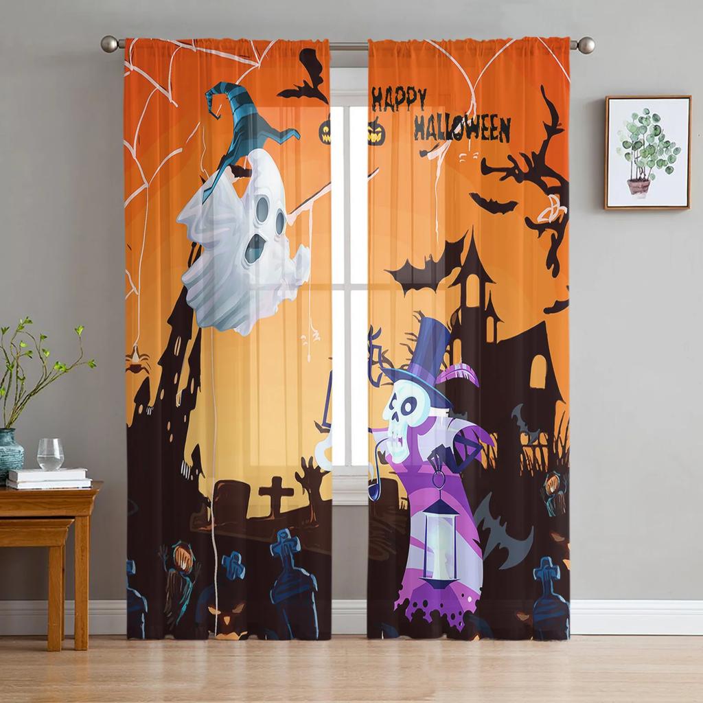 Halloween Bat Pumpkin Curtain Window Tulle Living Room Bedroom Kitchen Chiffon Treatment Decorations Curtains Light Filtering Polyester Sitting