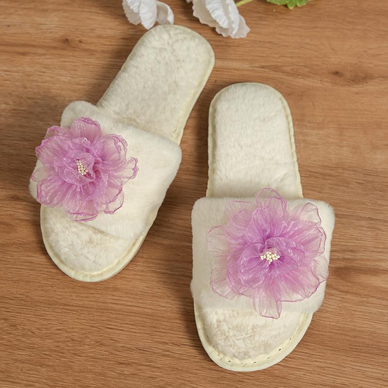 Divatos rózsaszín virágos bolyhos szőrme papucs nőknek nyitott orrú puha talpú otthoni papucs női őszi téli csúszásmentes pamut papucs