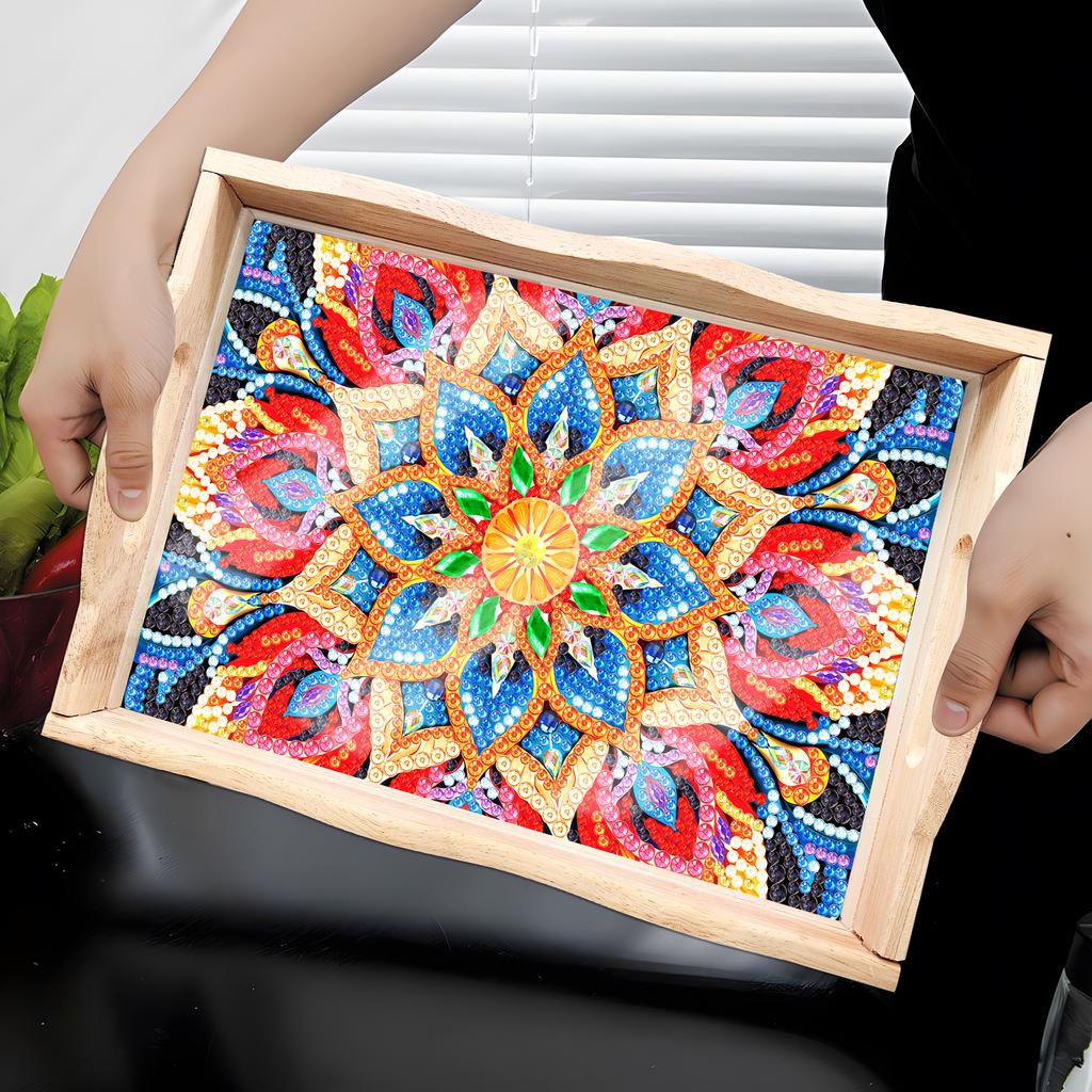 Mandala Pattern Wood Serving Food Trays With Side Handles Large Capacity Housewarming Christmas Gifts For Restaurants Homes
