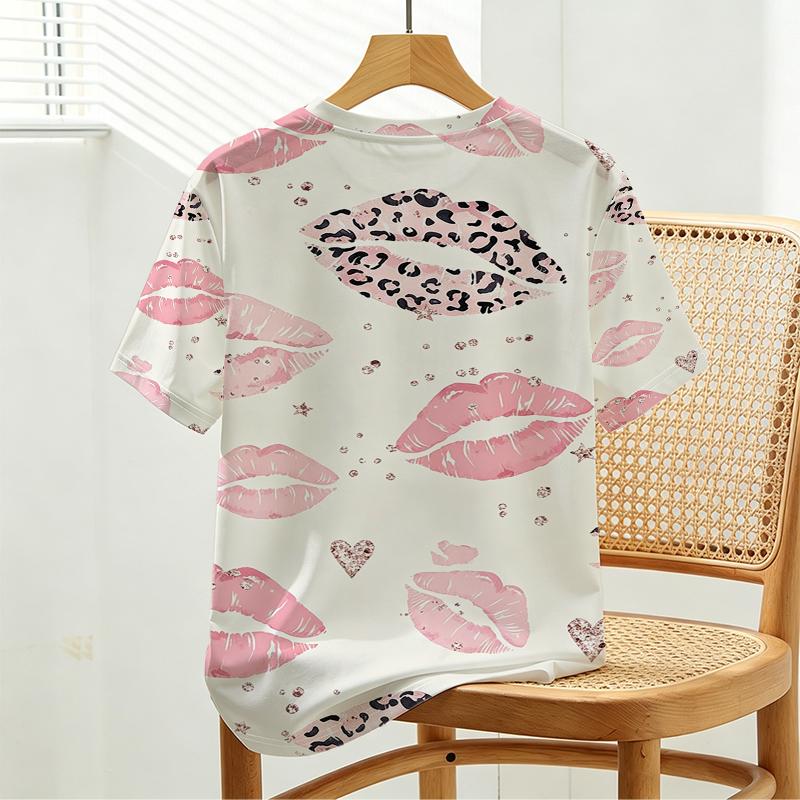 Women's Leopard Lip Print Short Sleeve T-Shirt Soft, Comfortable & Breathable, Stylish Versatile for Daily Wear & Weekend Getaways