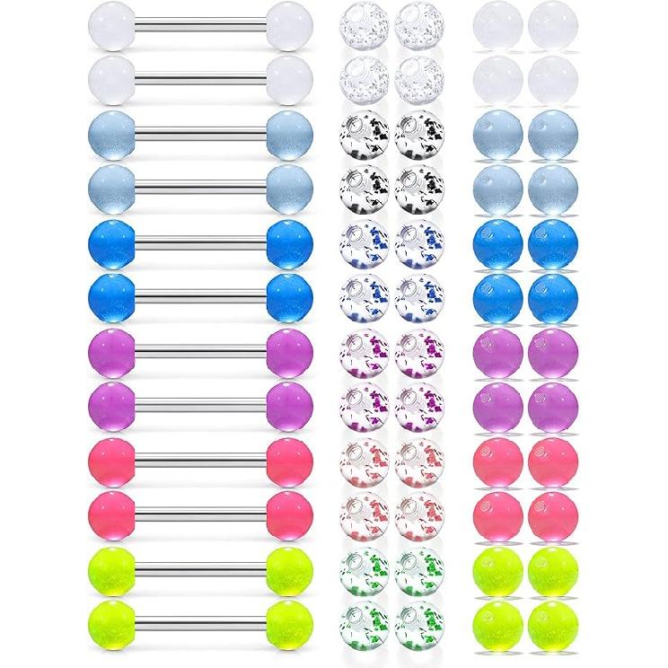 

Ftovosyo 12 одно кольцо для соска + 48 сменных шариков 14G кольцо для языка соска прямая штанга хирургические стальные щипцы украшения для пирсинга тела подходят для 5 Millimeter Ball + 16 mm