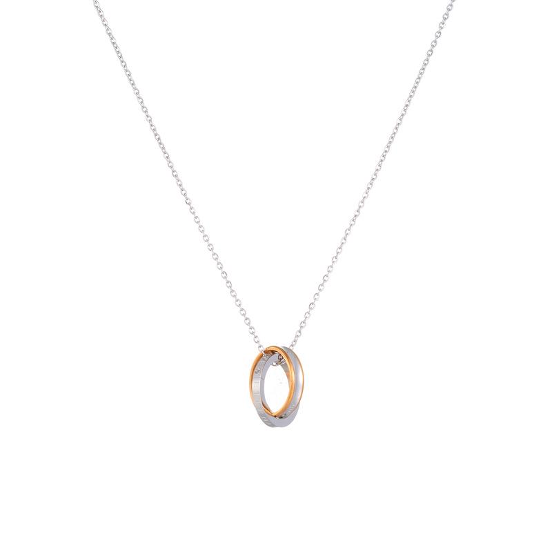 Eternal Love Hip Hop Stainless Steel Couple Pendant Necklace with Double Ring Diamond Inlay for Men and Women