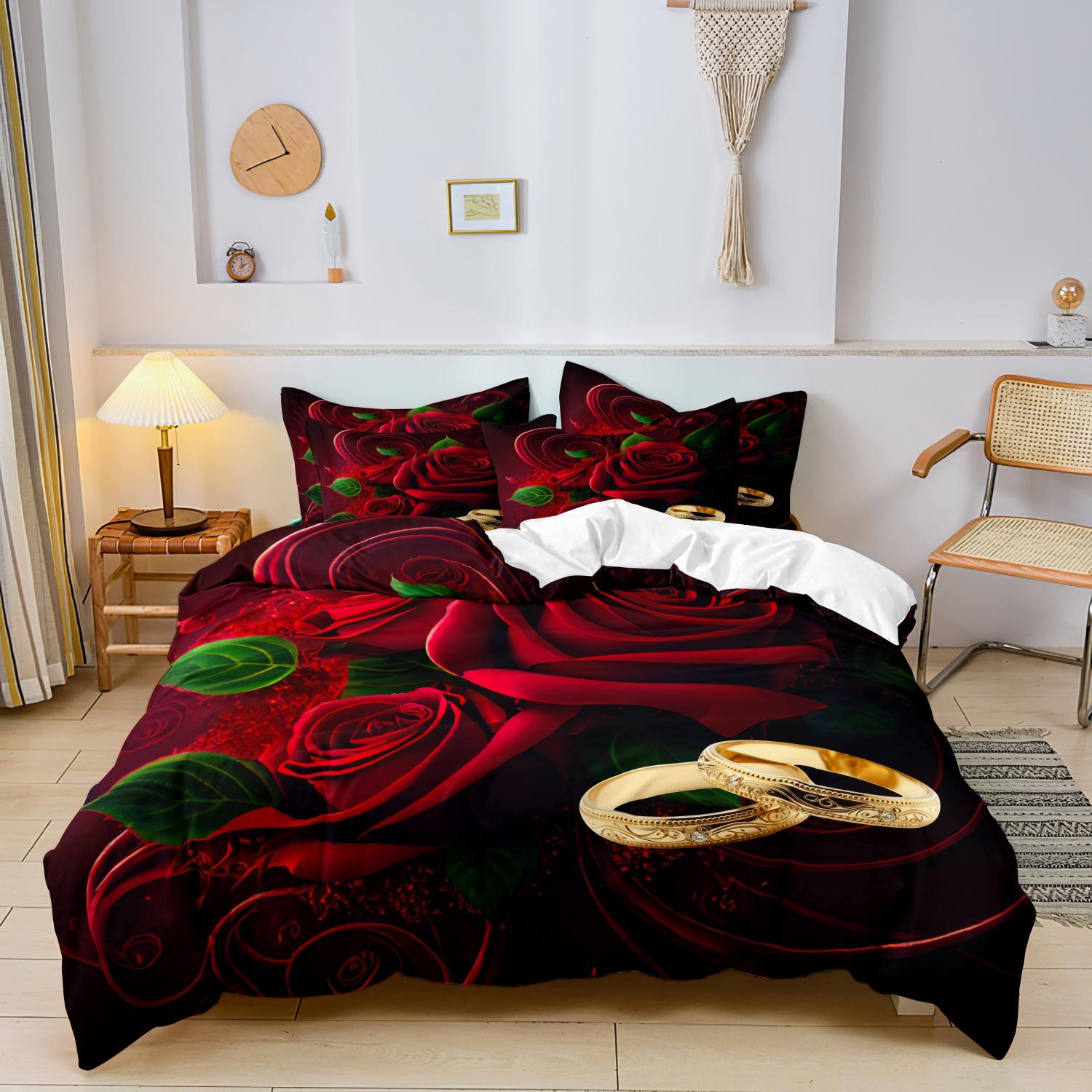 

3pcs- Valentine s Day Romantic Rose Pattern Love Theme Letter Pattern - Duvet Cover Set Suitable for Bedroom, Guest Room - AU Single-140x210cm&set