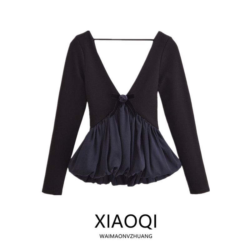 Fashion Style 2024 Fall and Winter New Women's Clothing Easiest for Match Ruched Puffy Hem Long Sleeve Low Neck Tops 1014806