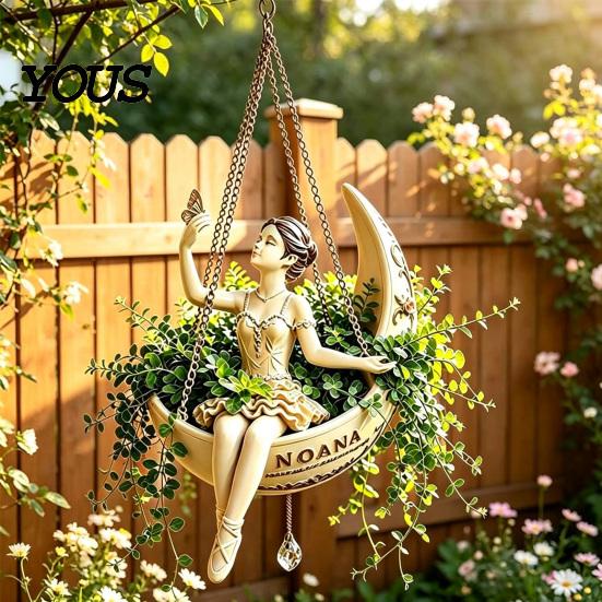 Space Saving Plant Display Ballet Dancer Hanging Planter, Ballerina Sitting on Crescent Pot, Decorative Indoor Outdoor Holder Resin Flower Pot