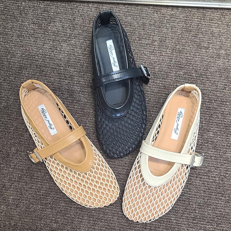 

Hollow mesh sandals women s new one-word buckle with round head flat bottom shallow mouth Mary Jane single shoes 40