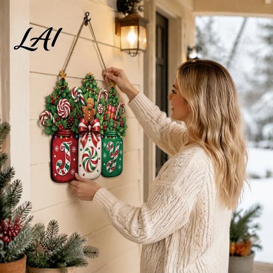 Candy Cane Holiday Sign Christmas Door Joy Hanging Wooden Sign Gingerbread Wreath Mason Decorative Wood Board for Windows Jar Welcome Front