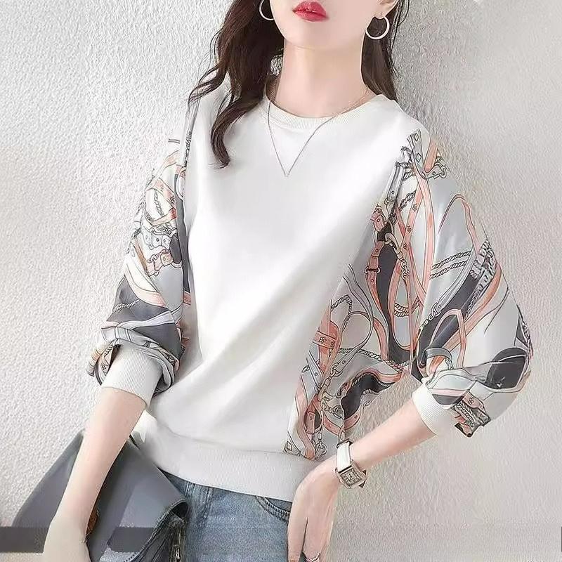 Свитер Женский Весна и Осень Мода Большого Размера Свободный Топ Куртка Круглый Вырез Сшивание Темперамент Мать M белый