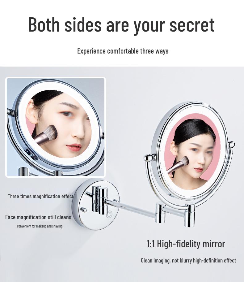 Wall-Mounted LED Touch Makeup Mirror with Recessed Wiring, Telescopic Fold, for Hotel Bathrooms