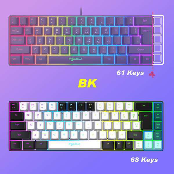 HXSJ Gaming Membrane Keyboard, 68 Keys, Detachable Cable, RGB Backlighting, White/Black, ABS Material.