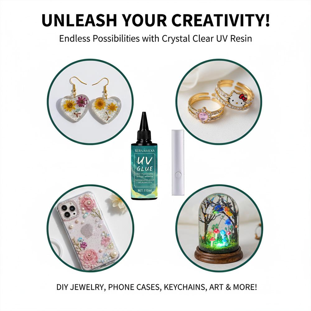 SERVAVEXA UV Resin with Light 110ml, Clear Hard Type UV Glue Bubble Free Fast Curing No Yellowing for Craft Jewelry