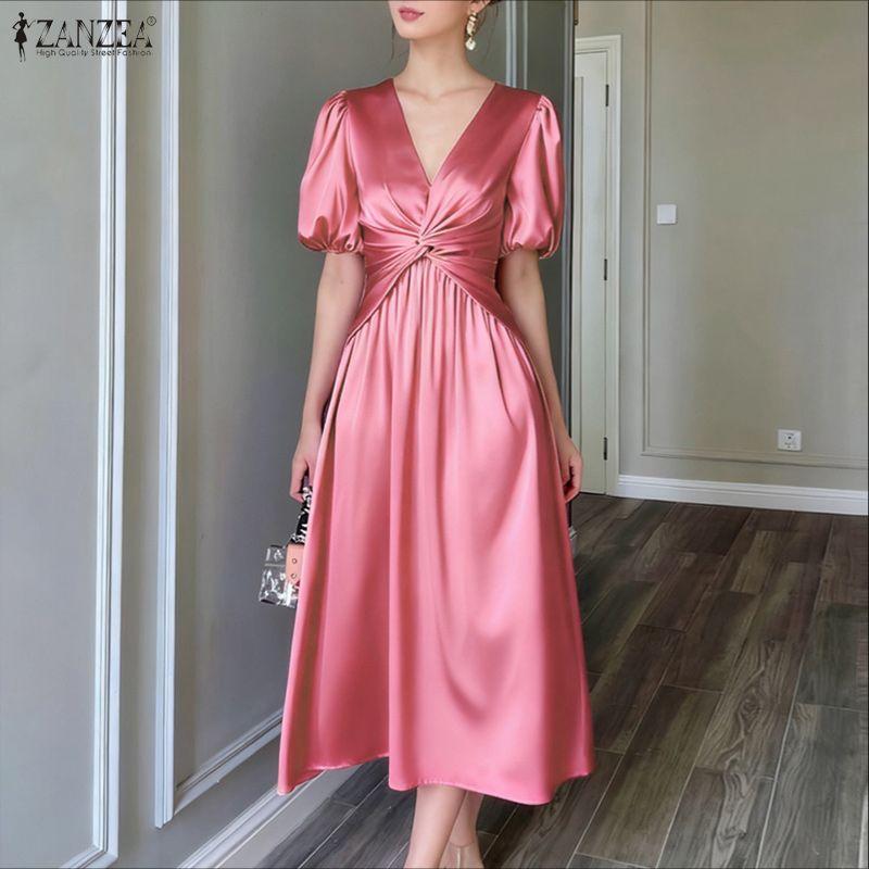 ZANZEA Women V-Neck Summer Casual Short Sleeve Dress