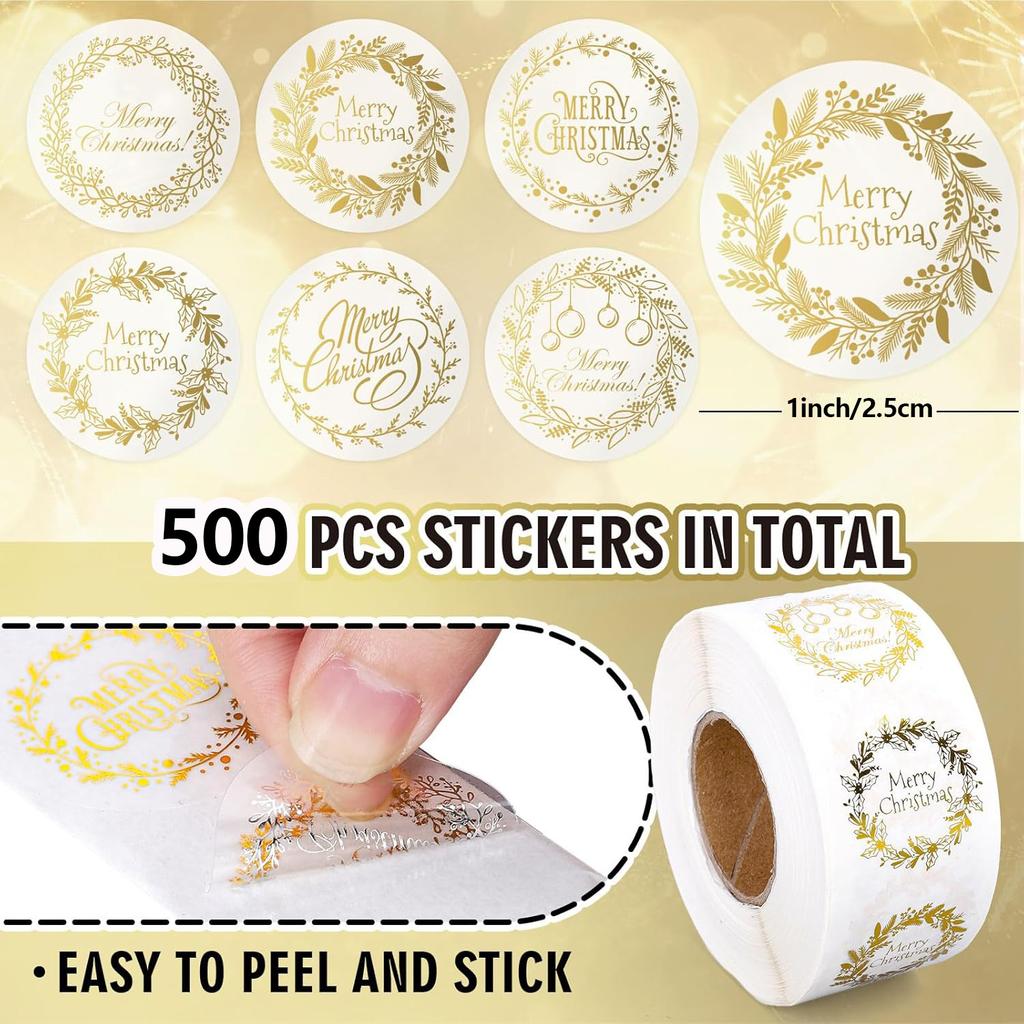500pcs Transparent Christmas Sticker Roll Gold Foil Wreath Sealed Sticker for Envelope Invitation Card Decoration