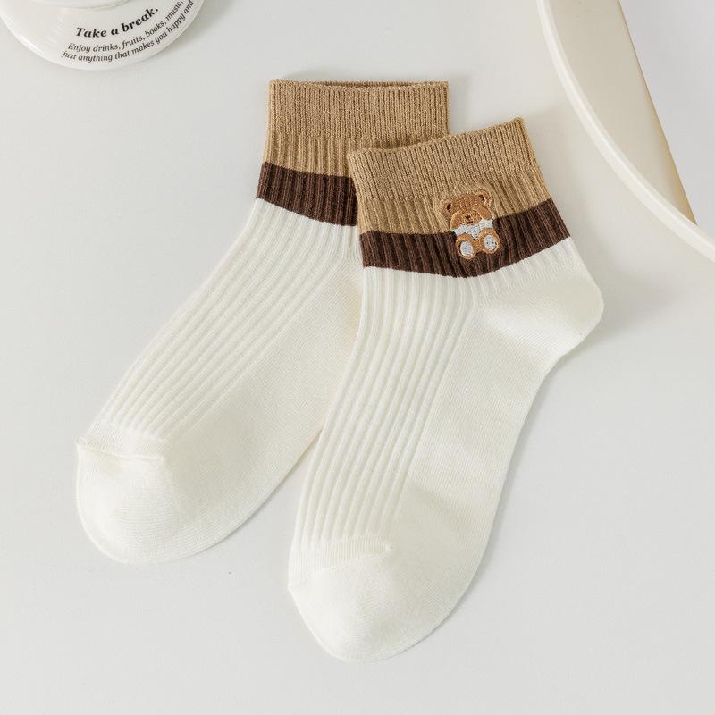 5/10 Pairs Comfortable Casual Spring Summer Socks for Women Short Calf Academic Style Boat Socks Low Top Striped Embroidered Bear Short Socks