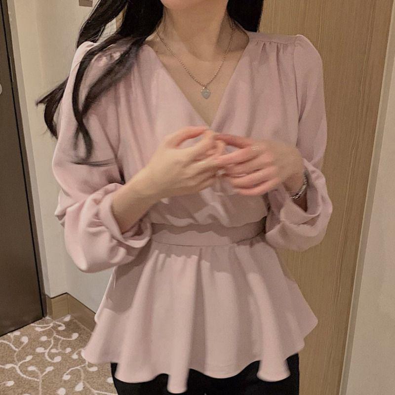 Elegant V-neck Chiffon Blouse - Women's Spring/Autumn, Waist-Slimming Tie-up, Long-Sleeve, Sweet Fairy Style