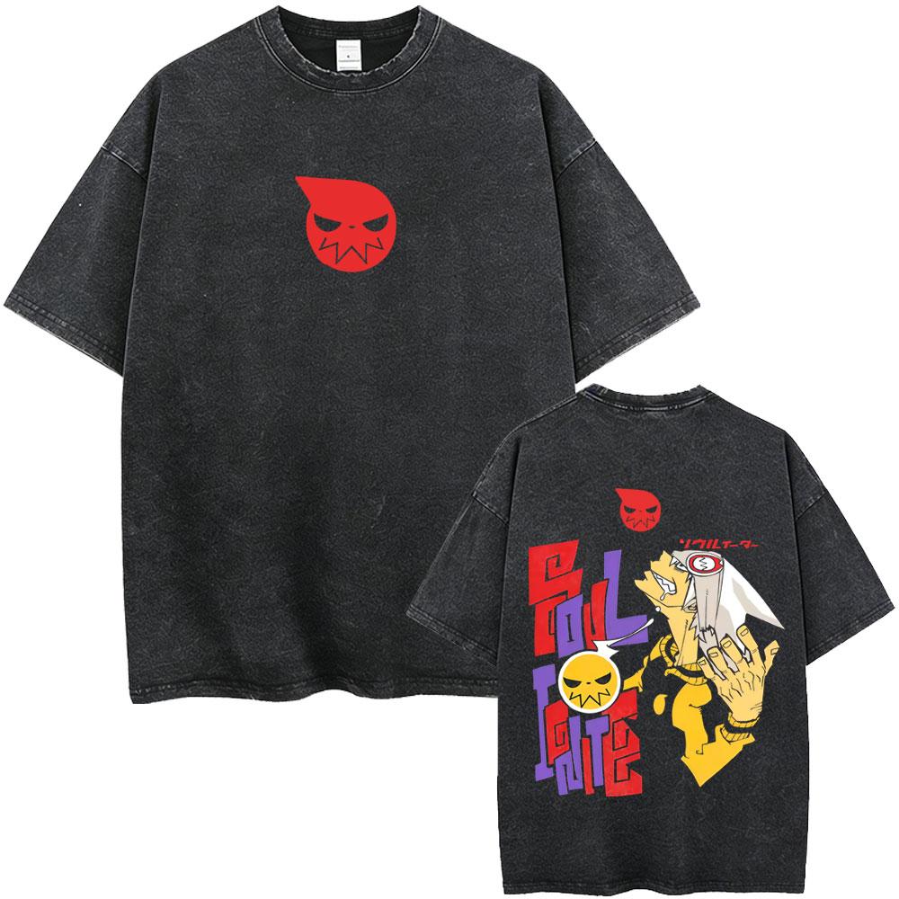 Washed Vintage Anime Soul Eater Black Star Graphic Tshirt Mens Retro Manga T Shirt Men Women Fashion Casual Oversized Tshirts