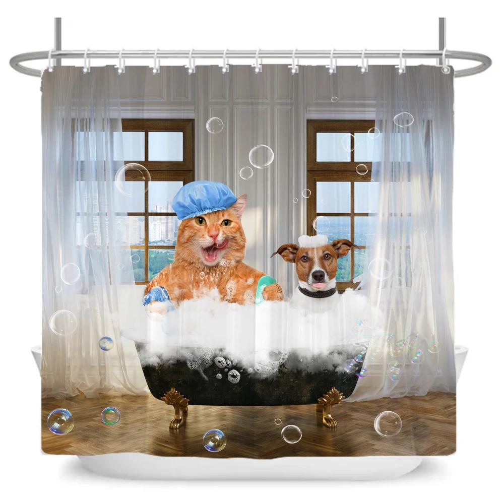 Funny Cute Cartoon Bathing Cat Dog Shower Curtains Bathroom Bathtub Decoration Waterproof Bath Curtain Home Decor with Hooks