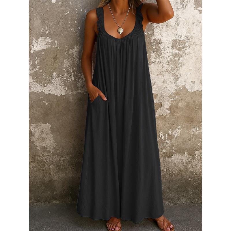 Sommer Lässiges Trägerkleid Damen Urlaubsstil Langer Rock Taschenstil Ärmellos Strandrock XL schwarz