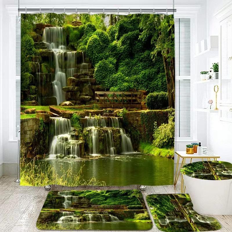 3D Natural Forest Landscape Printed Waterproof Fabric Bathroom Curtain Shower Curtains Set Anti-Skid Rugs Toilet Cover Bath Mat
