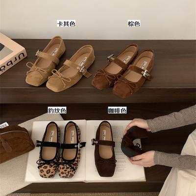 Internet Celebrity Square Head Women's Shoes Autumn New Flat Bow Single Shoes Ballet Silver Belt Buckle Mary Jane Shoes