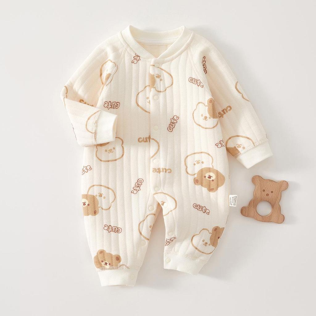 Trójwarstwowy pikowany bawełniany pajacyk piżama dla noworodka - Ciepły jesienno-zimowy homewear kombinezon do raczkowania