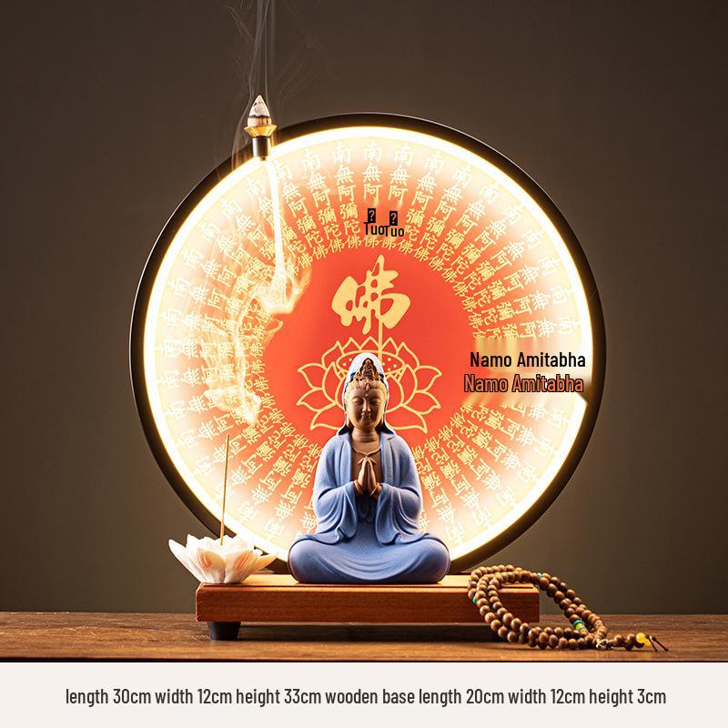 Ceramic Seated Guanyin On Lotus with Light Ring and Anjali Mudra for Home Decor