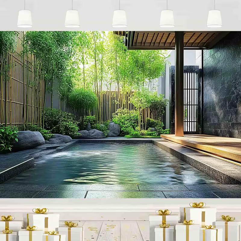 

Oriental Spa Backdrop Japanese Bamboo Courtyard Onsen Photo Background 47.2x31.5inch/120*80cm