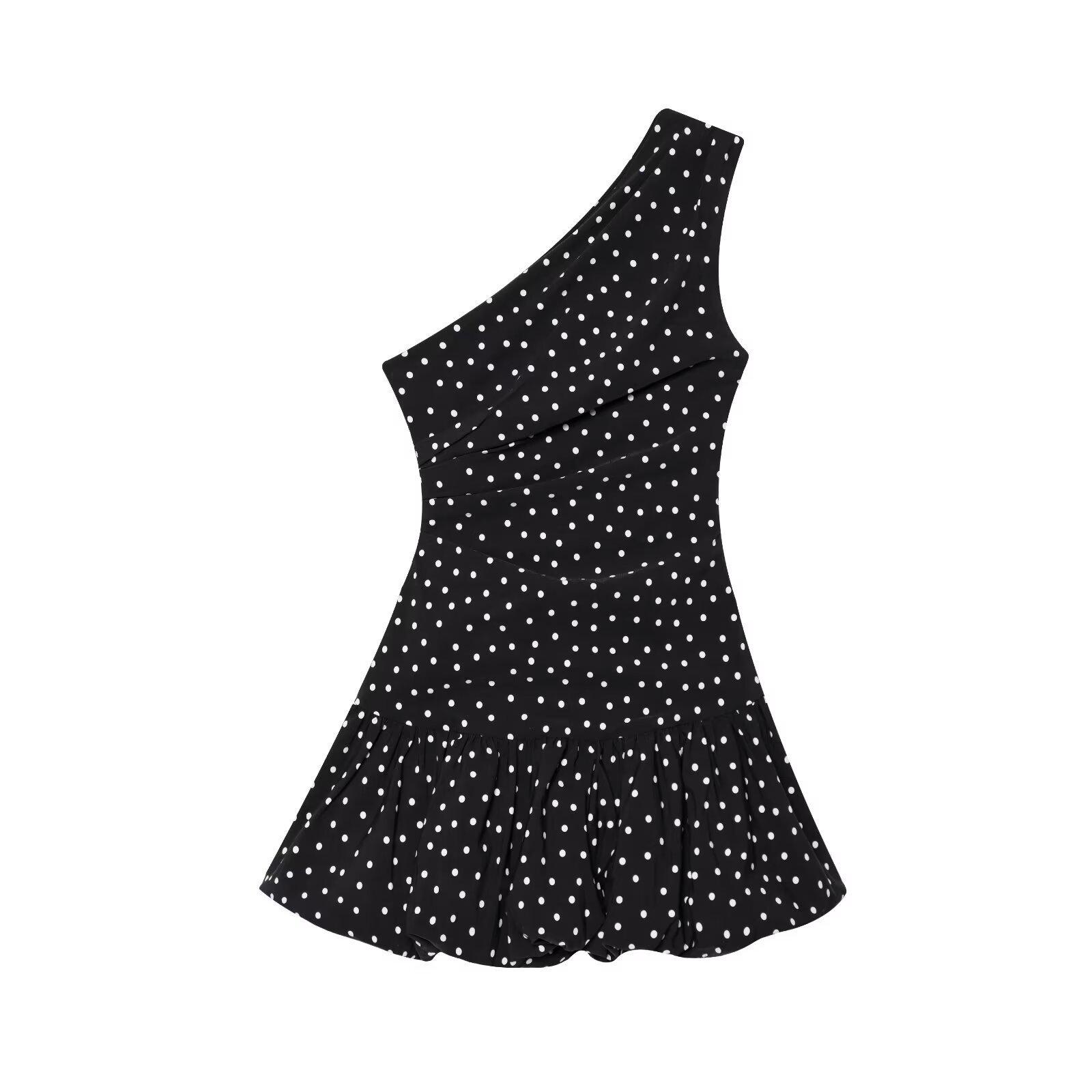 Polka Dot One-Shoulder Pleated Super Short Dress with French Design S чёрный