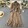 Autumn Women Vintage Printed Pleated Long Dress Female Red/Green/Blue/Yellow Draped Ruffle Single Breasted Maxi Robe Vacation Dresses