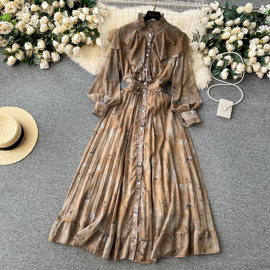 Autumn Women Vintage Printed Pleated Long Dress Female Red/Green/Blue/Yellow Draped Ruffle Single Breasted Maxi Robe Vacation Dresses