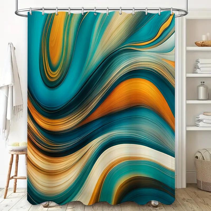 Luxury Modern Shower Curtain Wave Colorful Design for Bathroom Decor Waterproof Fabric with Metal Hook Rings Set (Blue)