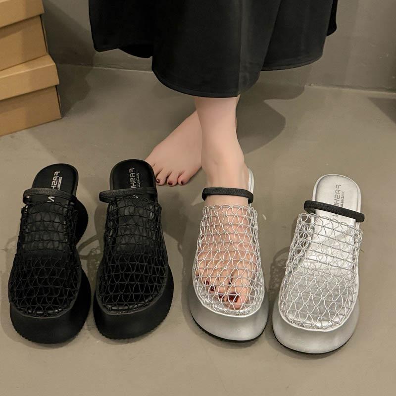 2025 summer new design mesh hollow breathable bag head half slippers women's thick bottom Roman muffin cool slippers